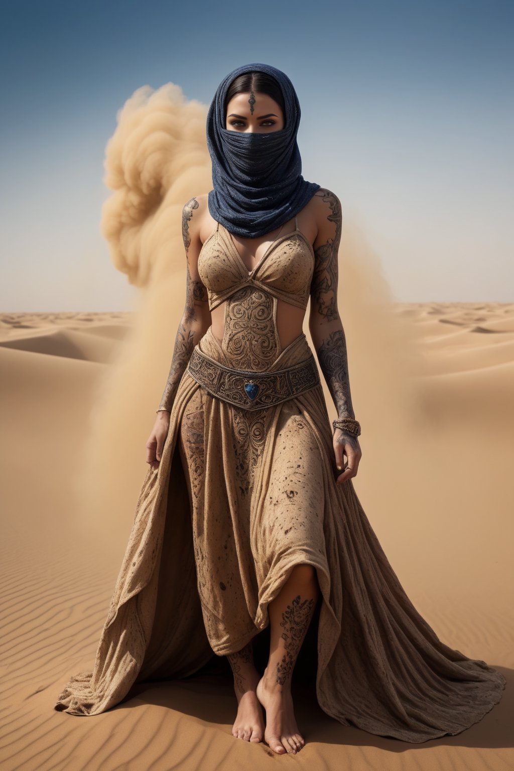 (Sand explode, sandstorm:1.9). thousands of fine-grained sand crystals of different sizes, a full-body Arabic woman with a face covered by dark (tattoos:1.5). The dress forms from flying sand and transforms into fabric. Desert dunes background.
sharp details. masterpiece, blue eyes