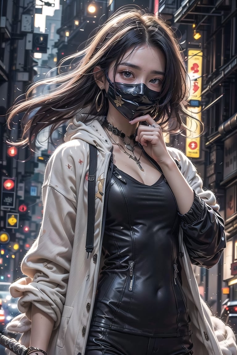 Master work, best picture quality, higher quality, ultra-high resolution, 8k resolution, exquisite facial features, perfect face, girl, assassin, fashion ((upper body clothing, hoodie inside, suit jacket outside)) sneakers, Black mask, cross earrings, carrying a delicate and beautiful samurai sword, night, city, movie style