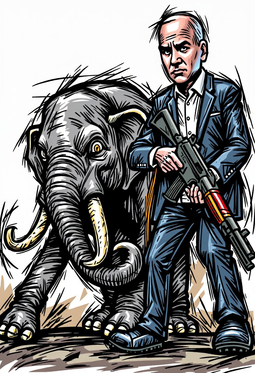 A close-up shot of Joe Biden holding an AK-47 rifle, his expression stern and serious. A menacing Asian elephant stands beside him, its trunk curled into a snarl, eyes fixed intently on the viewer. The background is blurred, with a faint hint of chaos and destruction. STRIKER0S, Line art and bold strokes.