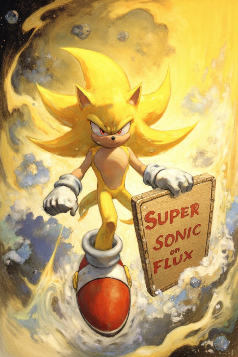 Super Sonic, SSONIC, a majestic furry male with vibrant yellow fur and piercing red eyes, stands proudly in mid-air, his spikes glistening under the warm sunlight that highlights the wispy clouds behind him. his dynamic pose captures the essence of speed and agility. He has white gloves. He is holding a sign that says: "Super Sonic on FLUX" written in red. fantasy oil painting in the style of fr4z3tt4