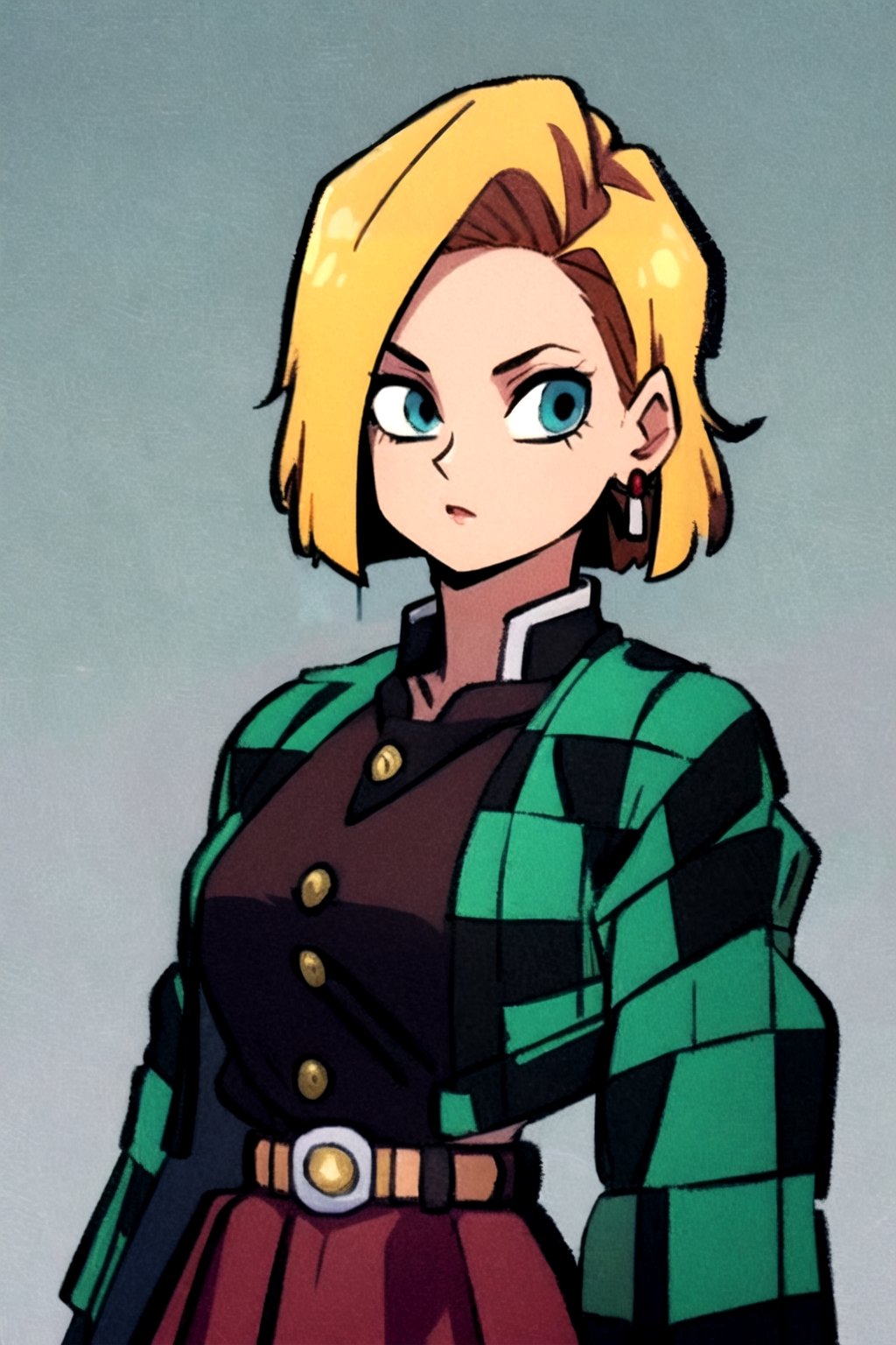  UNIGREEN, japanese clothes, haori, demon slayer uniform, long sleeves, jacket, jewelry, earrings, belt,Android_18, 1girl, solo, blonde hair, blue eyes,