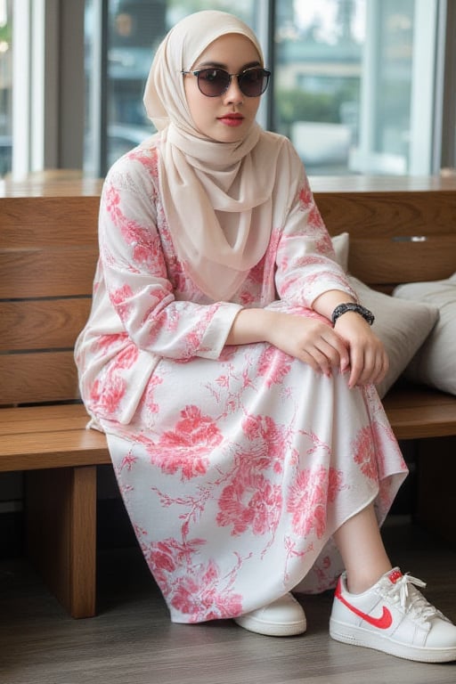 a muslim woman is seated on a wooden bench. She is dressed in a pink and white dress, adorned with a pink floral pattern. She has a cream scarf tied around her head, and a pair of black sunglasses resting on her head. Her hair is pulled back, and she is wearing a watch on her left wrist. Her left hand is resting on the bench, and her right hand is draped over her right shoulder. Her white sneakers are adorned with red swoosh, adding a pop of color to her outfit. The bench she is sitting on is made of wood, with cushions on the right side of the bench. Behind her, a window is visible, providing a view of the outside.