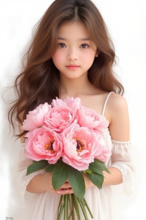  beautiful girl in a 3/4 side view. She has perfect symmetric brown eyes and long, curly warm brown hair. She is dressed in a white dress and holds a large bouquet of pink peonies against a white background. The artwork should utilize heavy brushstrokes, incorporating both palette knife and brush techniques, and reflect the Pixiv Fanbox trends. Aim for a 16k resolution, using complementary colors to enhance the composition.