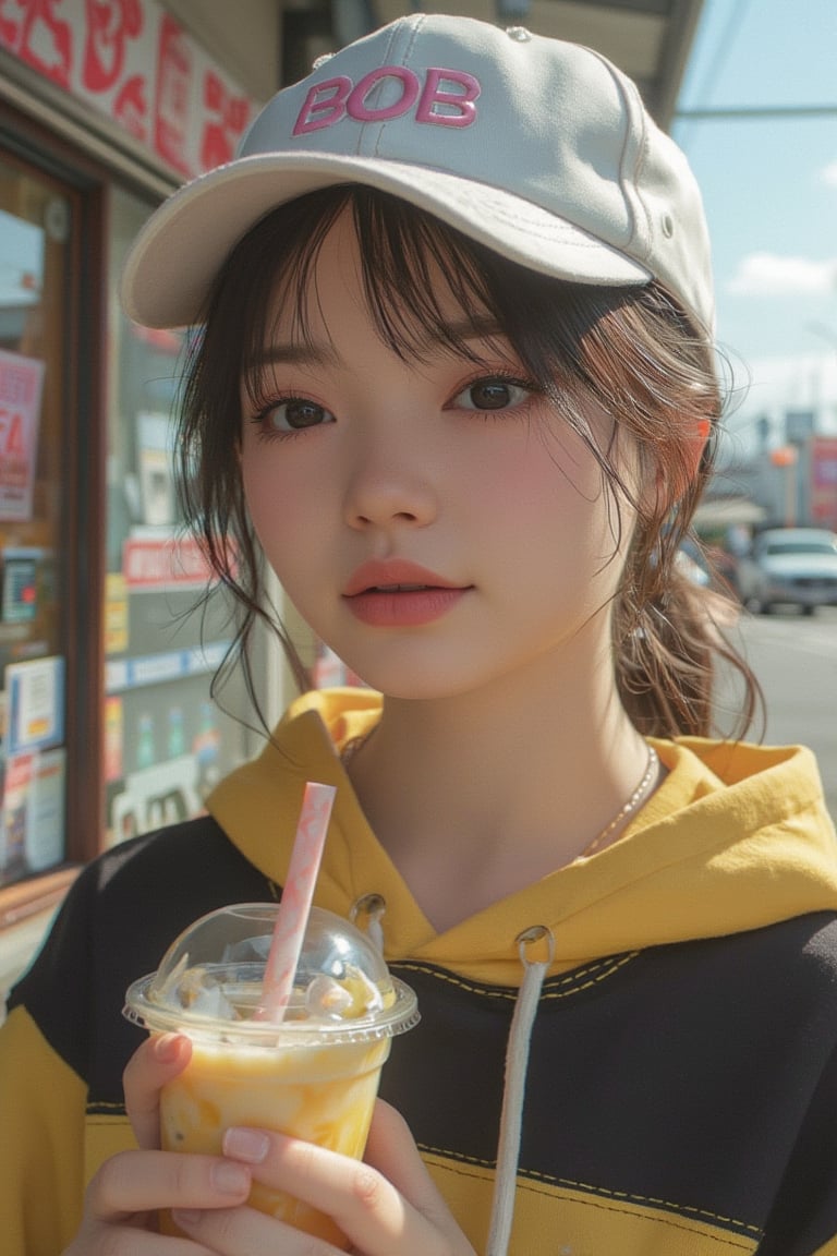 Hyper-realistic anime character, close-up face, wearing a black and yellow hoodie, cap with BOB written, holding a boba drink, soft lighting, centered composition, detailed facial features, warm skin tones, gentle smile, slight blush, serene expression, urban background, pastel color palette, slight breeze in hair, calm atmosphere.,MsK