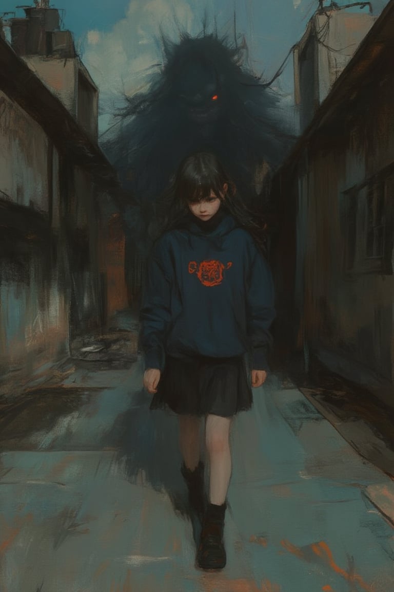 Flat anime Niji style, a girl walking on a pathway with a creepy creature shadow looming behind her, medium shot, the girl looking slightly apprehensive, urban cityscape with buildings in the background, eerie lighting, sharp contrast, dynamic composition, high detail in the shadow and facial expression.