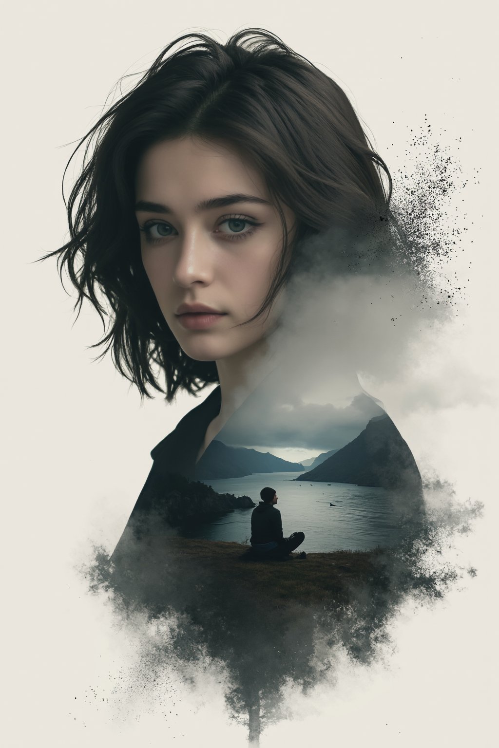 A detailed double-exposure style artwork of a melancholic woman with flowing dark hair, her gaze distant and intense. Her portrait is seamlessly blended with a secondary scene of a solitary figure sitting on a hill, gazing out at a calm ocean with mountains in the distance. The image has a smooth, monochromatic tone with soft gradients, evoking a sense of nostalgia and reflection. The overlay effect creates a dreamlike composition, with the silhouette of the seated figure dissolving into a cloud of mist or abstract particles merging into the woman's hair. Soft lighting, ethereal, surreal atmosphere, minimalistic yet expressive. J4D3