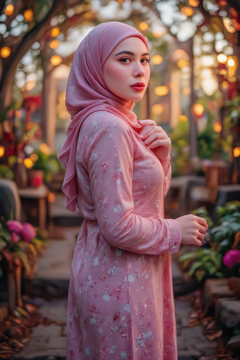 Create a captivating side-view portrait of a young woman in a fantasy manhwa art style, wearing a pink hijab in an enchanted forest, illuminated by a soft backlight with glowing bokeh, blending Rembrandt's oil painting techniques with digital artistry in 8k HDR, using pastel colors for a mystical and ethereal atmosphere.,Syazi89,kurungmodern,bajukurungmoden