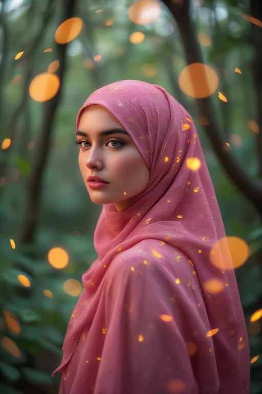 captivating and ethereal side-view portrait of a young woman in an enchanted forest, looking over her shoulder. She is wearing a richly textured, elegant hijab in warm pink tones. Her expression is serene and contemplative as she gazes into the distance. Surround her with a soft, magical ambiance created by glowing, golden bokeh lights floating gently in the air, casting a warm glow on her features. The background features blurred trees and foliage, enhancing the mystical, dreamlike quality of the scene. Use a palette of muted greens, pinks, and golds to enrich the enchanting atmosphere.