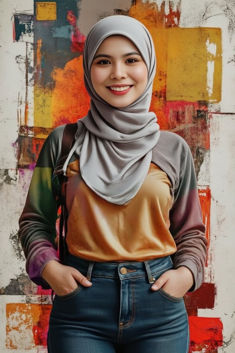 A mixed media portrait of a pretty Malay woman, framed mid-shot with soft, warm lighting. She wears a plain loose long hijab, a fashion blouse, and denims, smiling warmly. The composition blends digital and traditional elements, featuring vibrant colors and intricate textures.,Syazi89