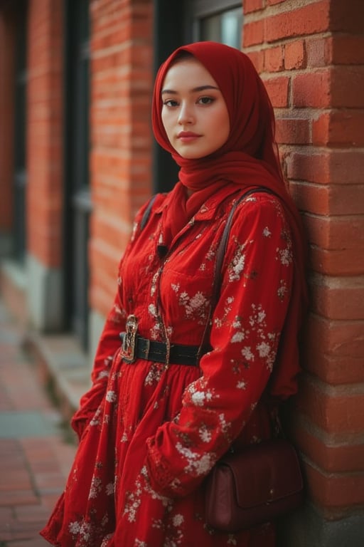 a young muslim woman, dressed in a red dress adorned with a black belt, is leaning against a red brick wall. She is wearing a red hijab wrapped around her head, adding a touch of warmth to her outfit. The woman's dress is adorned with white flowers and a dark red purse, accenting her red dress. The backdrop, a blurred blurred, adds a sense of depth to the scene.