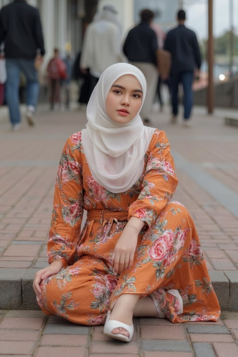 Captured at eye-level, a close-up shot of a muslim woman is seated on a brick walkway. The doll is dressed in an orange dress with a white scarf around her head. The dress is adorned with a floral pattern of pink roses and green leaves. She is wearing a pair of white high-heeled sandals on her feet. The background is blurred, with a few more people visible in the distance.