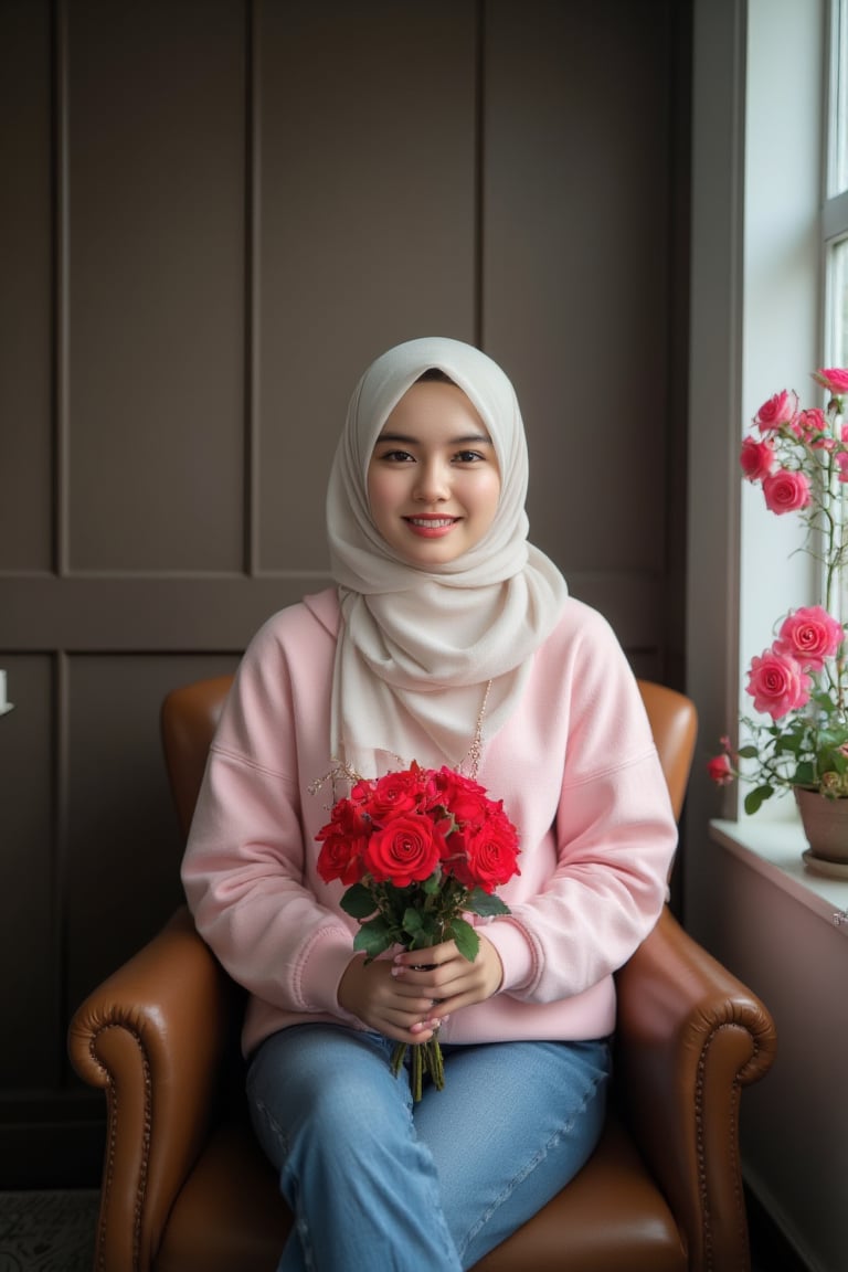 a young Asian woman, dressed in a pink hooded sweatshirt and blue jeans, is seated in a brown wooden armchair, holding a bouquet of red roses in her hands. The woman's head is adorned with a white scarf, adding a touch of warmth to her outfit. To the right of the woman, a window is visible, with pink roses coming out of the frame. The backdrop is a dark brown wall, with a light gray paneled wall behind the woman.