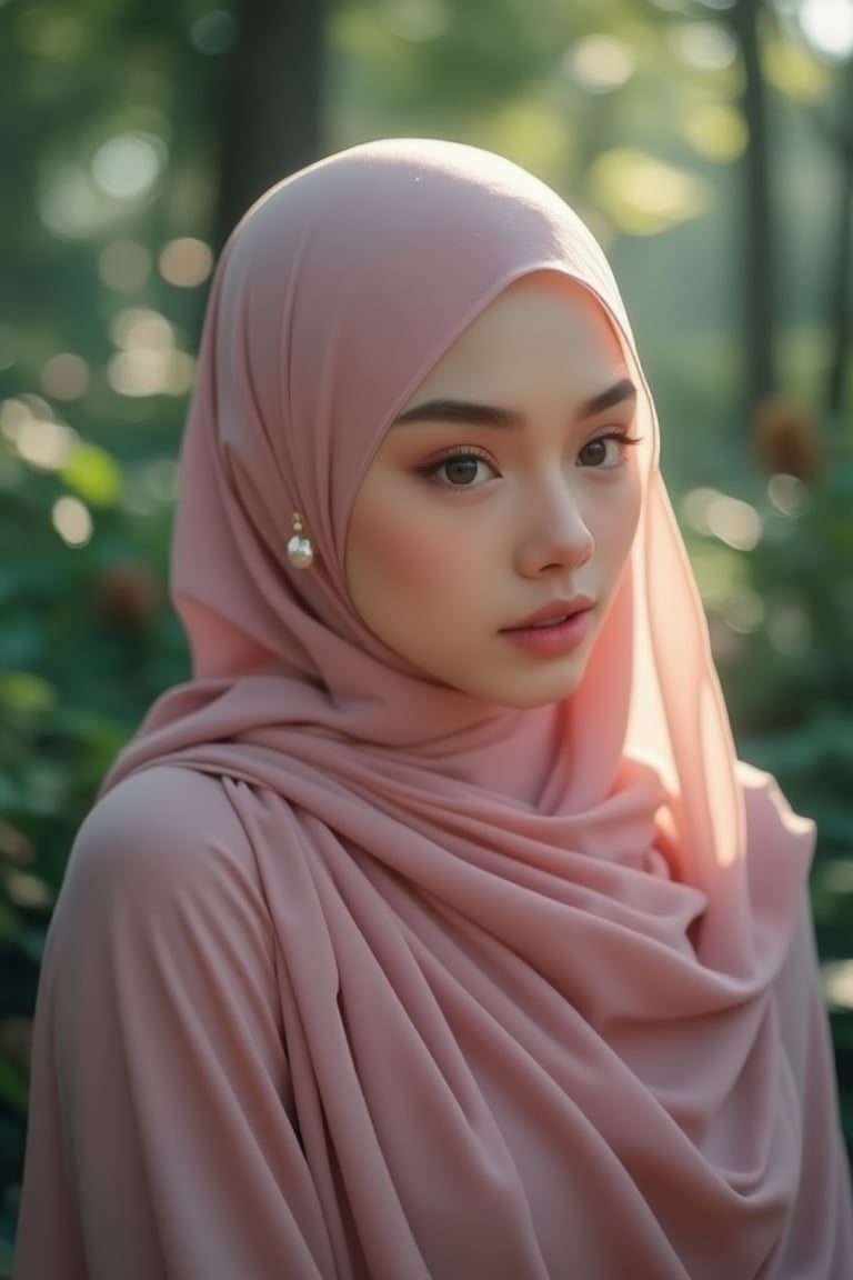 Create a captivating side-view portrait of a young woman in a fantasy manhwa art style, wearing a pink hijab in an enchanted forest, illuminated by a soft backlight with glowing bokeh, blending Rembrandt's oil painting techniques with digital artistry in 8k HDR, using pastel colors for a mystical and ethereal atmosphere.