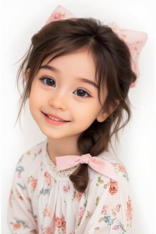 a medium-sized portrait of a young Asian girl with long dark brown hair and a pink bow in her hair. She is smiling, her lips are slightly parted, and her eyes are slightly open. Her hair is styled in a braid, and she is wearing a white blouse with a lace collar and a light pink bow tie. The background is a stark white, and the girl's dress is adorned with a floral pattern, adding a touch of color to the scene.