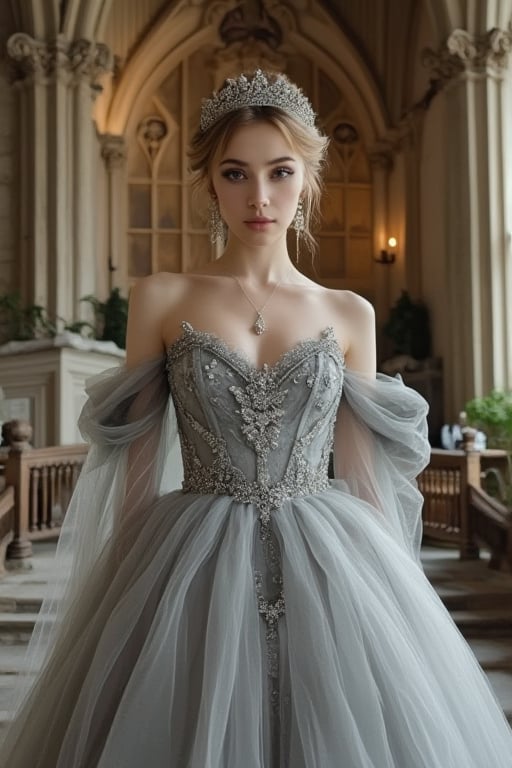 A majestic Cinderella princess stands poised on the intricately carved stone steps within the grand castle's interior. Her piercingly perfect symmetric eyes sparkle under the soft, warm lighting. The queen-like hairstyle is adorned with a diamond brooch that catches the subtle glow. She wears a luxurious silver ball gown flowing around her like mist, featuring an elegant bow in the shape of an ornament. The award-winning photograph presents flawless photorealism, high resolution, and HDR quality. The image boasts 8K definition, inviting the viewer to step into its refined world. In the corner, a delicate, cursive handwritten signature reads 'by Bob' with a small heart above the letter 'o', accompanied by a subtle nod to MsK, Sketching1.hanna, Pencil drawing, ink sketch, and xkebayabalihan.