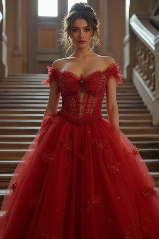 A majestic voluptuous Cinderella princess stands poised on the intricately carved stone steps within the grand castle's interior. Her piercingly perfect symmetric eyes sparkle under the soft, warm lighting. The queen-like hairstyle is adorned with a diamond brooch that catches the subtle glow. She wears a luxurious red embroidery and lace rococo tulle gown flowing around her like mist, featuring an elegant bow in the shape of an ornament. The award-winning photograph presents flawless photorealism, high resolution, and HDR quality. The image boasts 8K definition, inviting the viewer to step into its refined world. In the corner, a delicate, cursive handwritten signature reads 'by Bob' with a small heart above the letter 'o', accompanied by a subtle nod to MsK, Sketching1.hanna, Pencil drawing, ink sketch, and xkebayabalihan.,tronggg