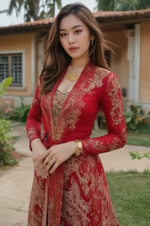 a beautiful young Malay woman stands against a stark Malay village scenery. The woman's body is adorned with a red kebaya, adorned with gold embroidery and a matching with batik sarong long skirt. The kebaya is adorned in a vibrant red kebaya with a gold embroidered design. The woman's hair is long, wavy, and she's wearing a gold necklace and earrings. She's wearing gold rings, adding a touch of contrast to her outfit.