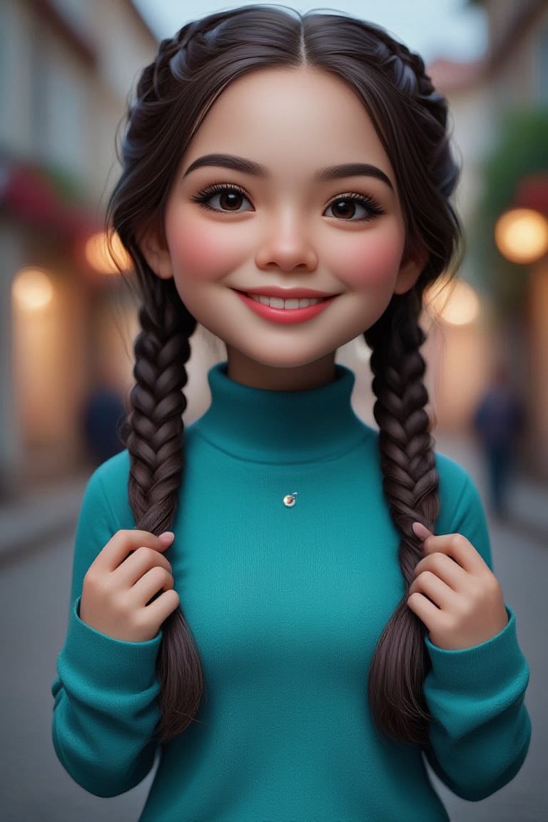 Caricature 3D : frontal view,eyes kevel angle portrait,a woman with double braided hair clad in cyan sweater gazing to the viewer,cute smile,popup head,moody background. CaricatureXmiya
