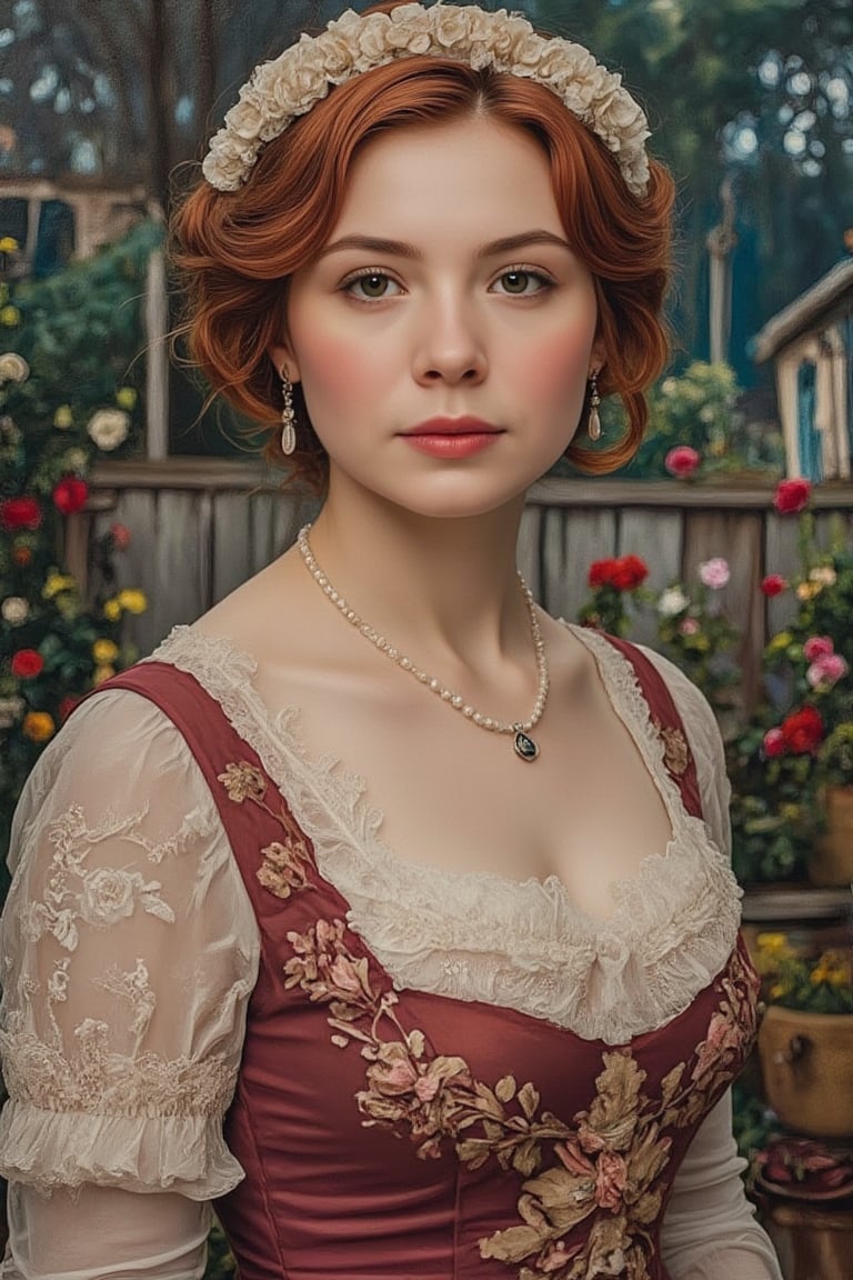 An acrylic gouache painting of a Victorian-era girl, depicted in vibrant, textured brushstrokes. The girl is dressed in a classic Victorian gown, with intricate lace and ruffles. The scene is set in a quaint, old-fashioned garden, with soft, diffused lighting that highlights her delicate features and the detailed embroidery of her dress. The girl is framed mid-shot, her expression serene and contemplative. The composition is balanced, with the garden background gently blurred, drawing focus to her timeless elegance and the rich, textured surface of the painting.,Syazi89