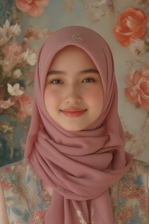 A beauty Malay girl in a Pixomeda style, vibrant and surreal. She is framed in a mid-shot, wearing a loose long hijab, with a happy expression. Soft, warm lighting highlights her elegant features and joyful demeanor. Her pose is relaxed, with a bright smile. The composition is balanced, with intricate details and a dreamlike atmosphere. The background is abstract and colorful, enhancing her cultural and ethereal presence.
