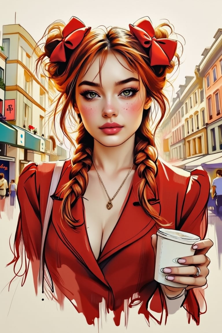 "Illustrate a young woman with striking red hair in messy buns with two large red bows and a long braid. She has striking green eyes, pale skin with freckles, and rosy cheeks. Her expression is playful, as if blowing a kiss,wearing elegant, modest red office attire, holding a cup of coffee, urban backdrop bathed in the ethereal glow of morning sunrays in the background elegant ', MsK,Sketching1.hanna,Pencil drawing