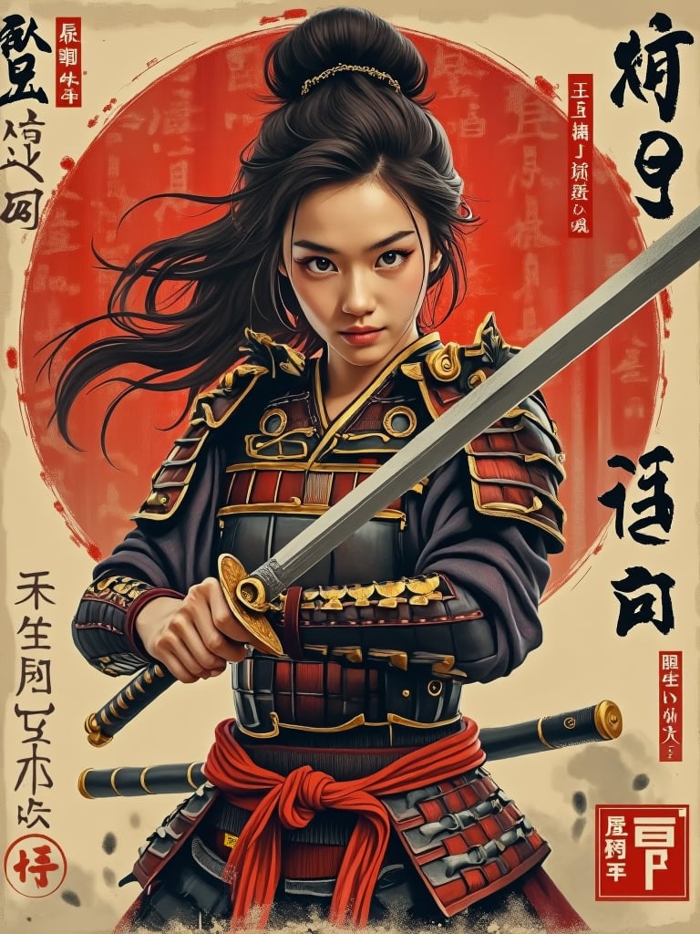 A stylish vintage poster full colour featuring a young woman wearing traditional Japanese samurai armor. The woman has fair skin, long dark hair in a bun, and is wearing Japanese samurai armor. The woman is holding a katana sword. She is fighting in a battlefield. The background has a red circle pattern with Japanese characters and symbols, written in a sharp brush stroke, which is typical of traditional Japanese style. Additional text and Japanese logos are placed around the edges of the poster in a variety of styles and colors, including a red seal and black text.