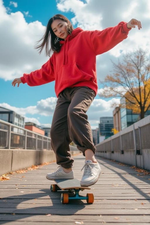 A dynamic ranged, close-up, ground to sky photograph capturing a confident asian woman skateboarder performing an ollie motion on a wooden surface with a more colorful blurred city background. The skateboard shows visible wear, the skater is dressed in a bright red hoodie and loose-fitting pants, wearing light-colored, slightly scuffed Nike shoes. The partially cloudy sky above adds to a vibrant, urban atmosphere with hints of autumn foliage.