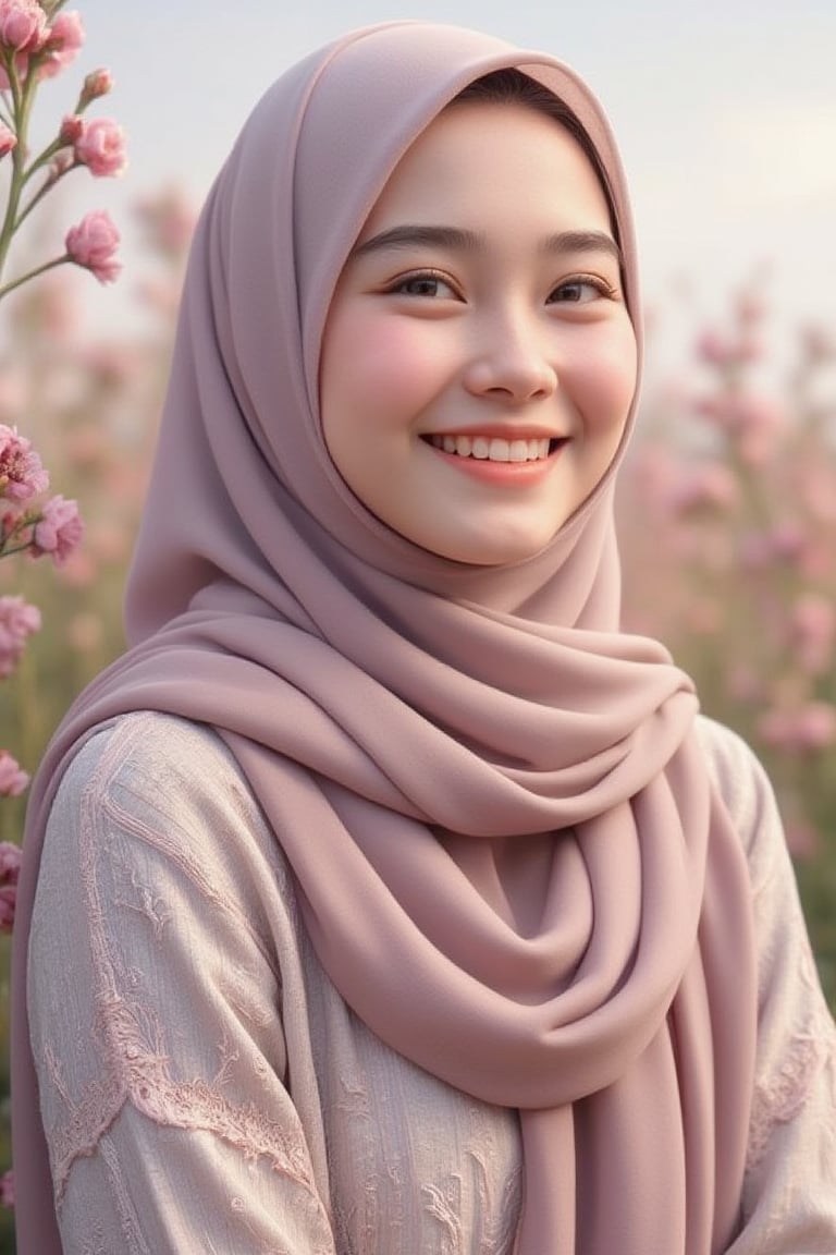 A digital illustration of a sweet young woman with soft, delicate features, fair skin, and warm, gentle eyes. She has a long hijab cascading down her shoulders. The scene is softly lit, capturing her serene expression. She stands in a natural setting, surrounded by blooming flowers, with a gentle breeze slightly moving her hair. The composition is close-up, focusing on her gentle smile and the delicate texture of her skin.