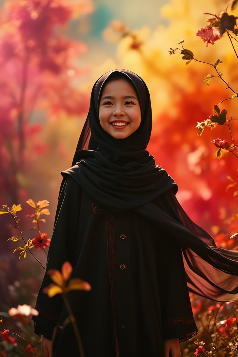 A vibrant, surreal scene unfolds: A pretty, cute Malay girl in Syazi89 attire, framed mid-shot, wears black hijab and abaya with a sweet expression. Soft, warm lighting highlights elegant features and joyful demeanor. Relaxed pose, bright smile, wind gently blowing her abaya. Balanced composition showcases intricate details, dreamlike atmosphere. Abstract, colorful background enhances cultural, ethereal presence.,NorthWoman2024