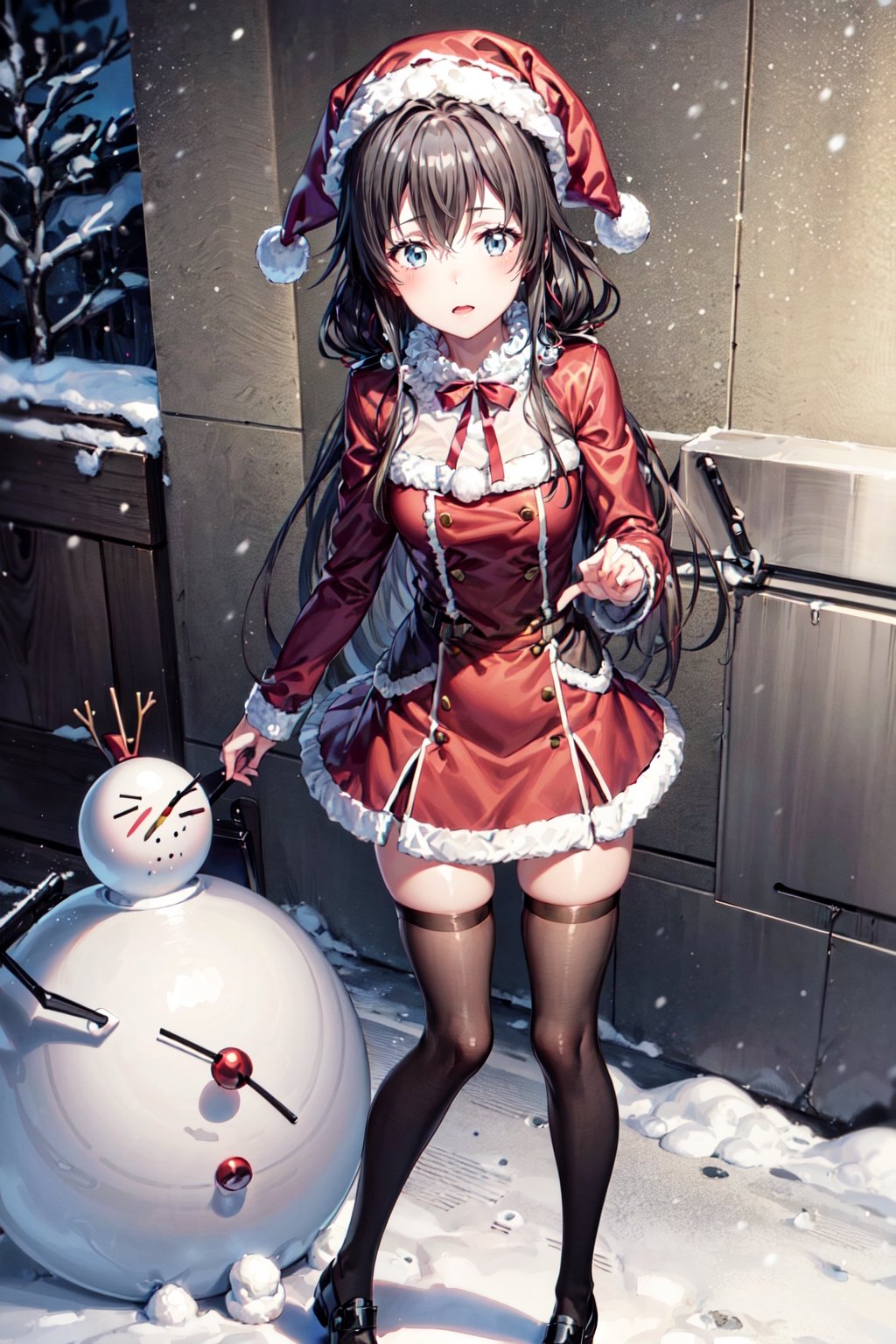 1girl,  solo, blushig, timid, christmas_costume,yukinoshitaYukino,yukino yukinoshita, crhistmas, snowing, christmas_tree, snowman, twin_tails, black_hair