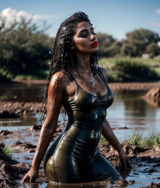 masterpiece, best quality, photorealistic, unedited photo, 25 year old latino girl, detailed skin,full_body, Masterpiece, long hair, wet clothes, red lipstick, full fit body, wet hair, wetlook pants, soakingwetclothes, satin top, mud covered, muddy, lying in mud