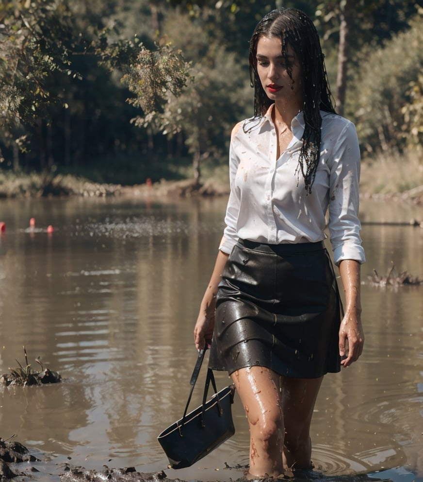 ultra realistic, masterpiece, best quality, photorealistic, unedited photo, 25 year old girl, detailed skin,full_body, Masterpiece, long hair, wet clothes, red lipstick, full fit body, wet hair, mud covered, muddy, covered in mud, black straight hair, wet woman, whole body, visible legs, black skirt, swimming in mud, white shirt