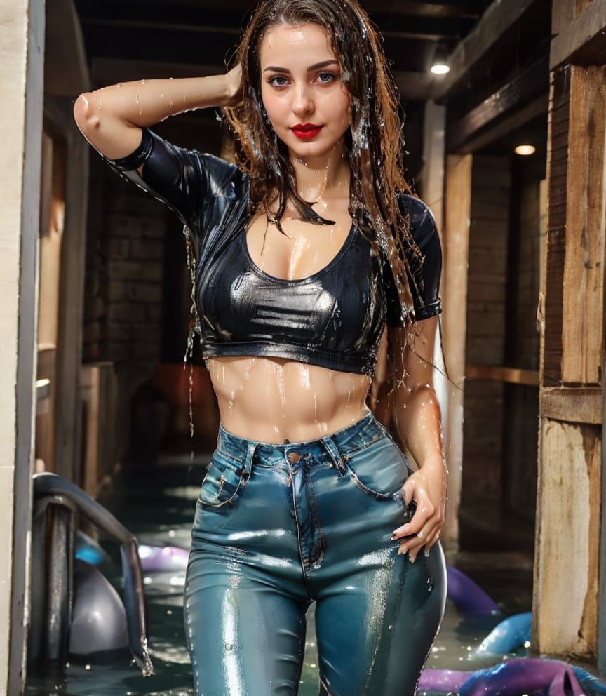 masterpiece, best quality, photorealistic, unedited photo, 25 year old girl, detailed skin,full_body, Masterpiece, long hair, wet clothes, red lipstick, full fit body, wet hair, wet tighthighs, soakingwetclothes, leather glowes, low waist jeans