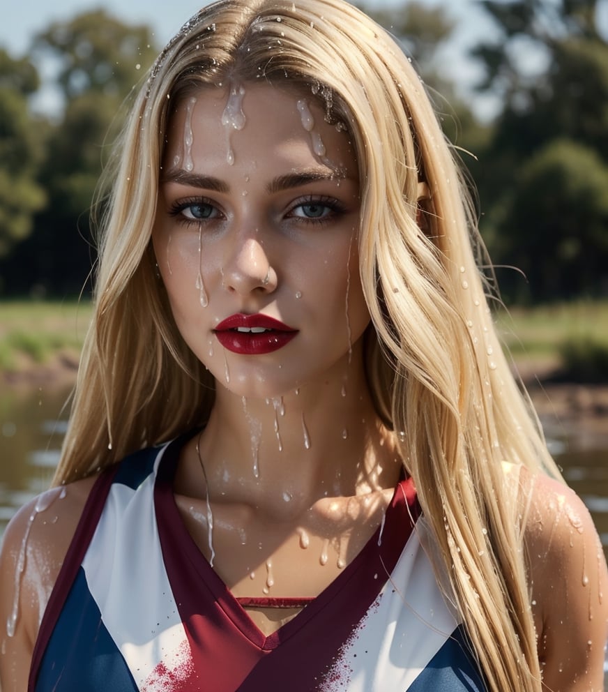 masterpiece, best quality, photorealistic, unedited photo, 25 year old girl, detailed skin,full_body, Masterpiece, long hair, wet clothes, red lipstick, full fit body, wet hair, muddy hair and face, mud covered, muddy, covered in mud, blonde wet straight hair, blonde woman, cheerleader dress