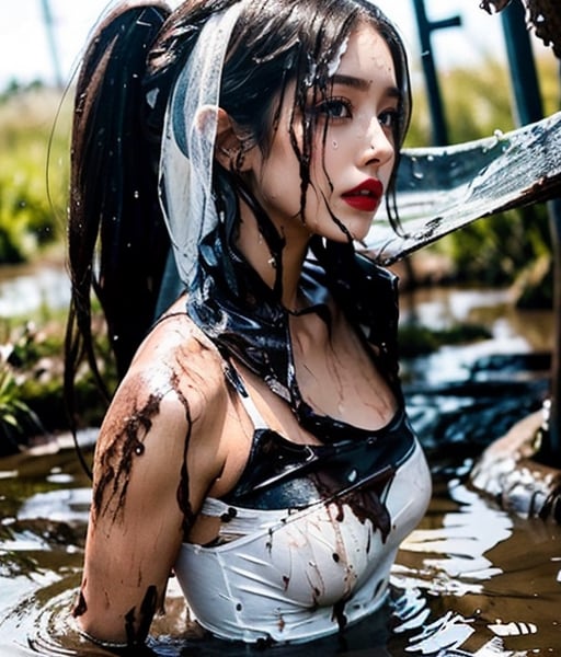 masterpiece, best quality, photorealistic, unedited photo, 25 year old girl, detailed skin,full_body, Masterpiece, long hair, wet clothes, red lipstick, full fit body, wet hair, soakingwetclothes, mud covered, muddy, lying in mud, covered in mud, wedding dress