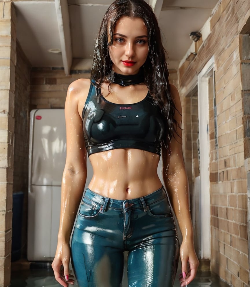 masterpiece, best quality, photorealistic, unedited photo, 25 year old girl, detailed skin,full_body, Masterpiece, long hair, wet clothes, red lipstick, full fit body, wet hair, wet tighthighs, soakingwetclothes, latex glowes, low waist jeans