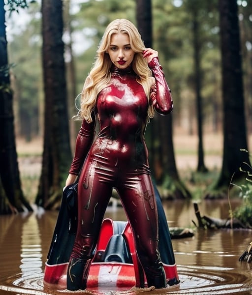 masterpiece, best quality, photorealistic, unedited photo, 25 year old girl, detailed skin,full_body, Masterpiece, long hair, wet clothes, red lipstick, full fit body, wet hair, soakingwetclothes, mud covered, muddy, covered in mud, blonde straight hair, blonde woman, red catsuit