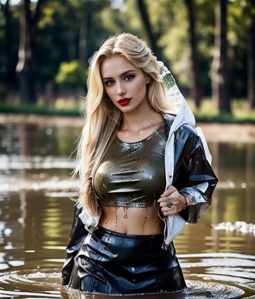 masterpiece, best quality, photorealistic, unedited photo, 25 year old girl, detailed skin,full_body, Masterpiece, long hair, wet clothes, red lipstick, full fit body, wet hair, soakingwetclothes, mud covered, muddy, covered in mud, blonde straight hair, long leather skirt, blonde woman