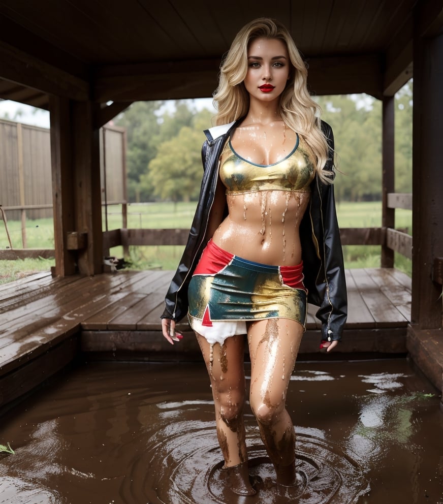 masterpiece, best quality, photorealistic, unedited photo, 25 year old girl, detailed skin,full_body, Masterpiece, long hair, wet clothes, red lipstick, full fit body, wet hair, muddy hair and face, mud covered, muddy, covered in mud, blonde straight hair, blonde woman, cheerleader costume