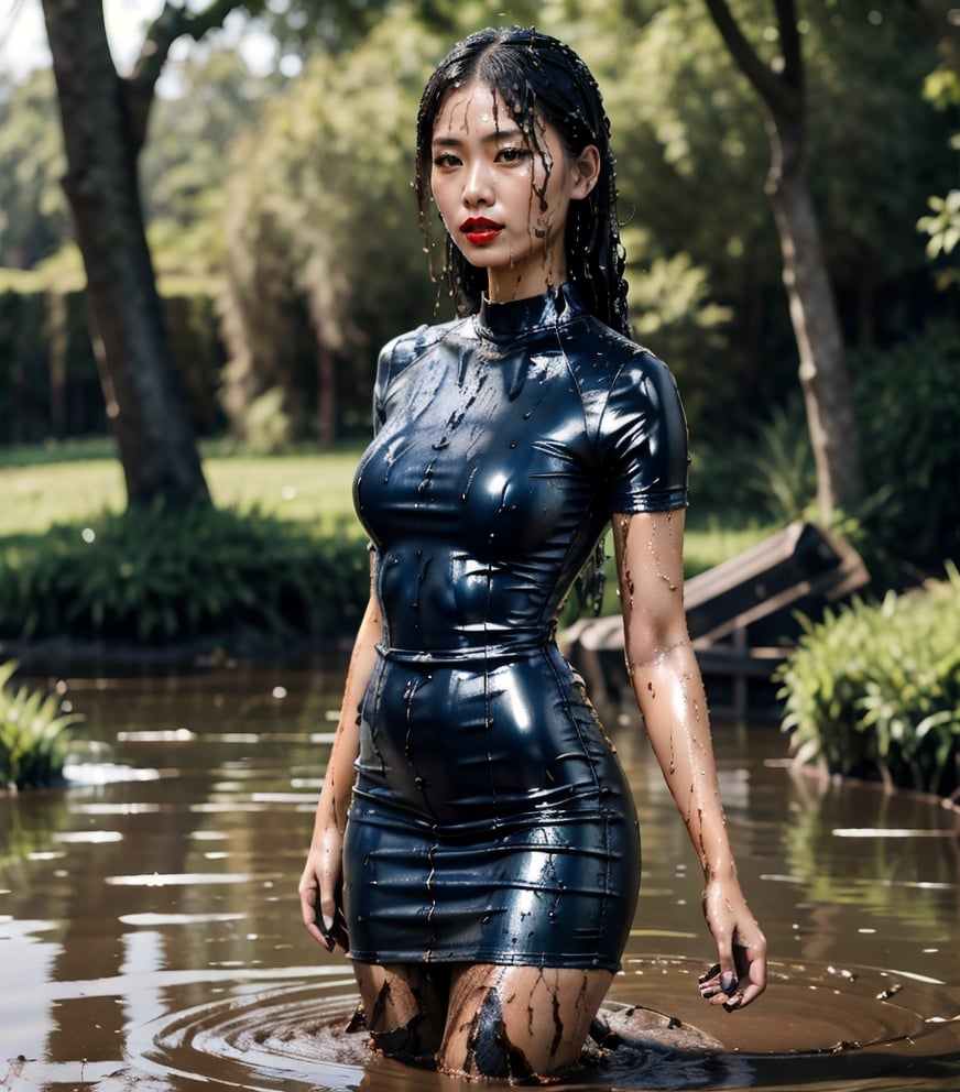 ultra realistic, masterpiece, best quality, photorealistic, unedited photo, 25 year old girl, detailed skin,full_body, Masterpiece, long hair, wet clothes, red lipstick, full fit body, wet hair, mud covered, muddy, covered in mud, black wet straight hair, asian wet woman, whole body, visible legs, blue dress