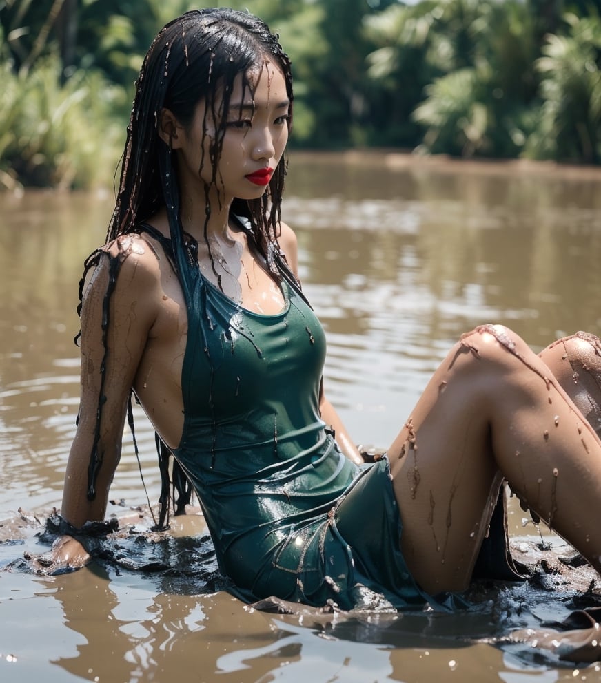 ultra realistic, masterpiece, best quality, photorealistic, unedited photo, 25 year old girl, detailed skin,full_body, Masterpiece, long hair, wet clothes, red lipstick, full fit body, wet hair, mud covered, muddy, covered in mud, black wet straight hair, asian wet woman, whole body, visible legs, blue dress, swimming in mud, 