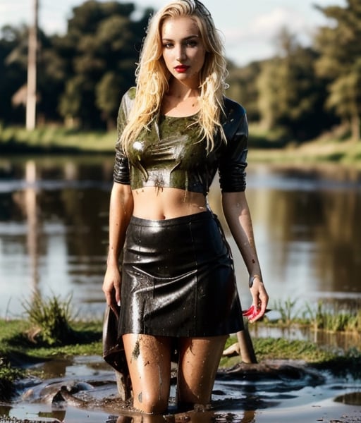 masterpiece, best quality, photorealistic, unedited photo, 25 year old girl, detailed skin,full_body, Masterpiece, long hair, wet clothes, red lipstick, full fit body, wet hair, soakingwetclothes, mud covered, muddy, covered in mud, blonde hair, long leather skirt, leather skirt, blonde woman