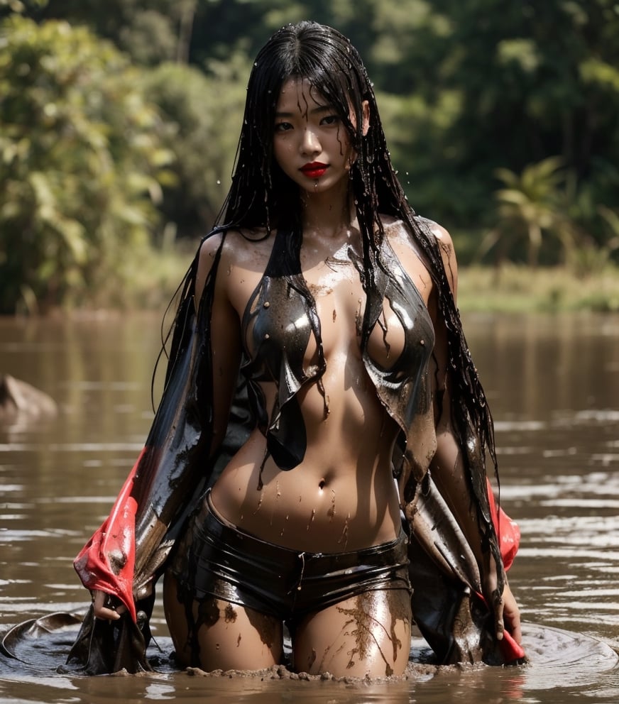 ultra realistic, masterpiece, best quality, photorealistic, unedited photo, 25 year old girl, detailed skin,full_body, Masterpiece, long hair, wet clothes, red lipstick, full fit body, wet hair, mud covered, muddy, covered in mud, black wet straight hair, asian wet woman, whole body, visible legs
