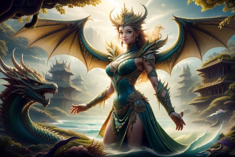 a sea queen in a green kebaya batik accompanied by mythological creatures of dragons, full shot image, edge angle, best high details.,BiophyllTech