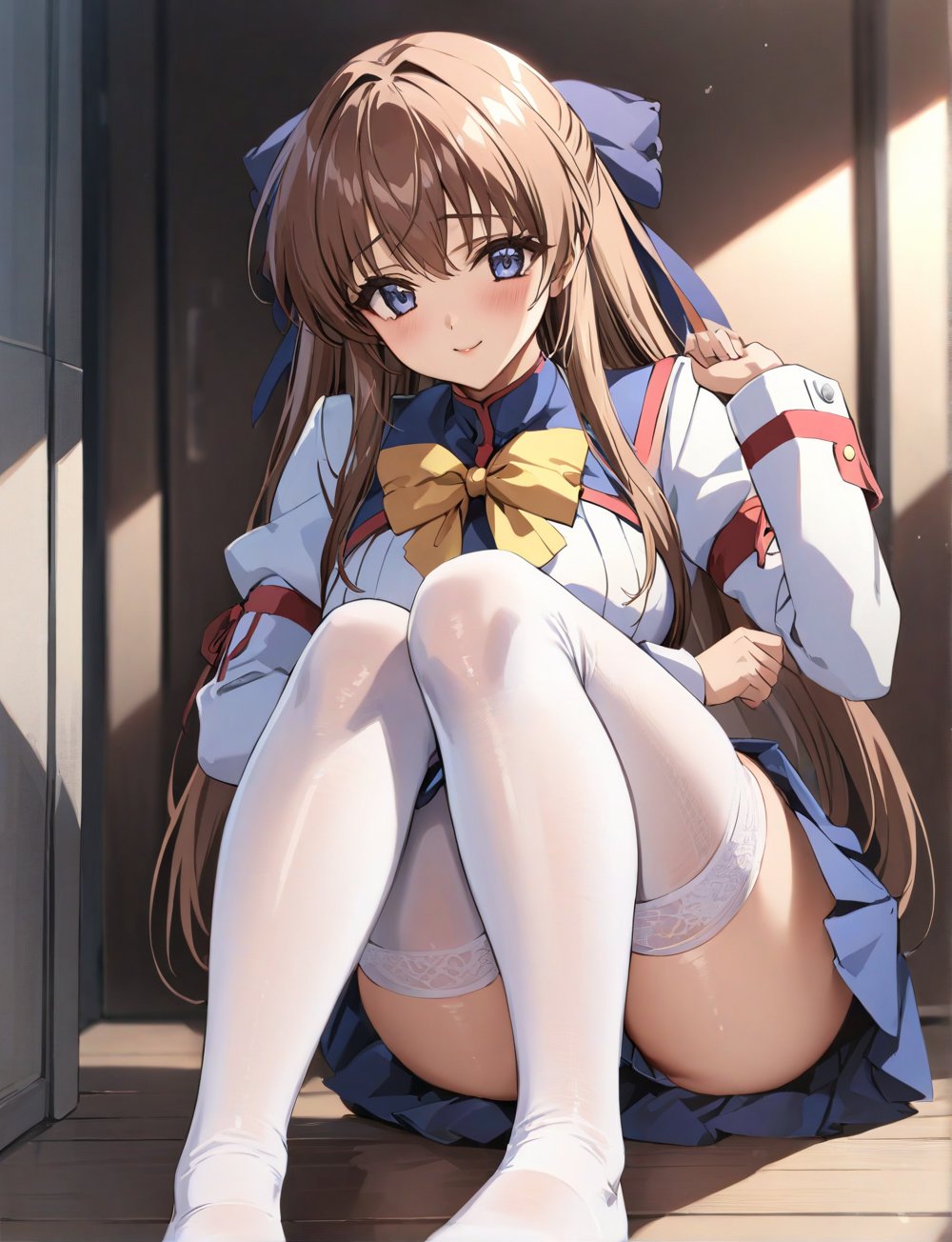 score_9, score_8_up, score_7_up,source_anime,
aoikan,brown hair,hair bow,school uniform, long sleeves, bowtie, blue skirt, white thighhighs,1girl,more_than_one_pose,fullbody,masterpiece, best quality, highly detailed, best quality, ultra-detailed, masterpiece, finely detail, highres,beautiful detailed eyes highly detailed skin,clear picture