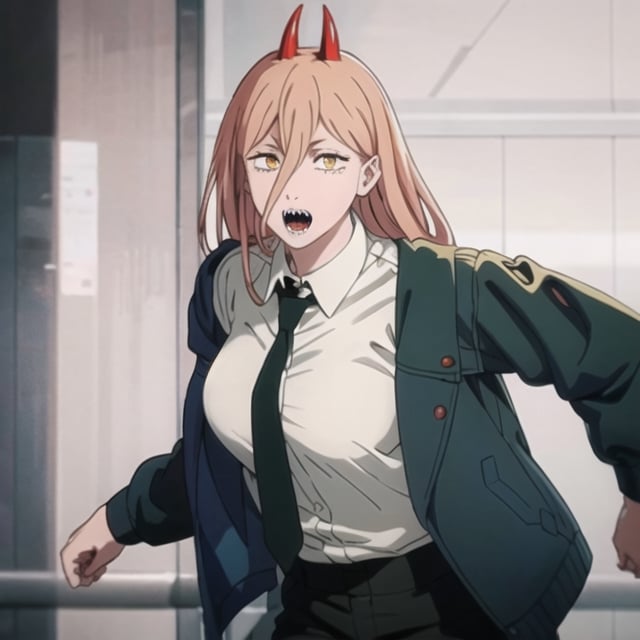 Appearance: long_hair, horns, red_horns, blonde_hair, symbol-shaped_pupils, cross-shaped_pupils, yellow_eyes, hair_between_eyes, sharp_teeth, medium_breasts

Default Outfit: long_hair, horns, red_horns, blonde_hair, symbol-shaped_pupils, cross-shaped_pupils, yellow_eyes, hair_between_eyes, sharp_teeth, medium_breasts, shirt, (white_shirt), necktie, black_necktie, jacket, (blue_jacket), pants, black_pants


White background,