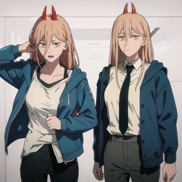 Appearance: long_hair, horns, red_horns, blonde_hair, symbol-shaped_pupils, cross-shaped_pupils, yellow_eyes, hair_between_eyes, sharp_teeth, medium_breasts

Default Outfit: long_hair, horns, red_horns, blonde_hair, symbol-shaped_pupils, cross-shaped_pupils, yellow_eyes, hair_between_eyes, sharp_teeth, medium_breasts, shirt, (white_shirt), necktie, black_necktie, jacket, (blue_jacket), pants, black_pants


White background,