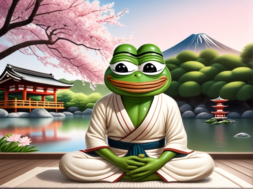 realistic ultrarealistic photorealistic full body portrait of a happy Pepe the frog (((pepe_frog))) on deep meditation, with the background of a Japanese shrine with a garden and blooming sakura trees