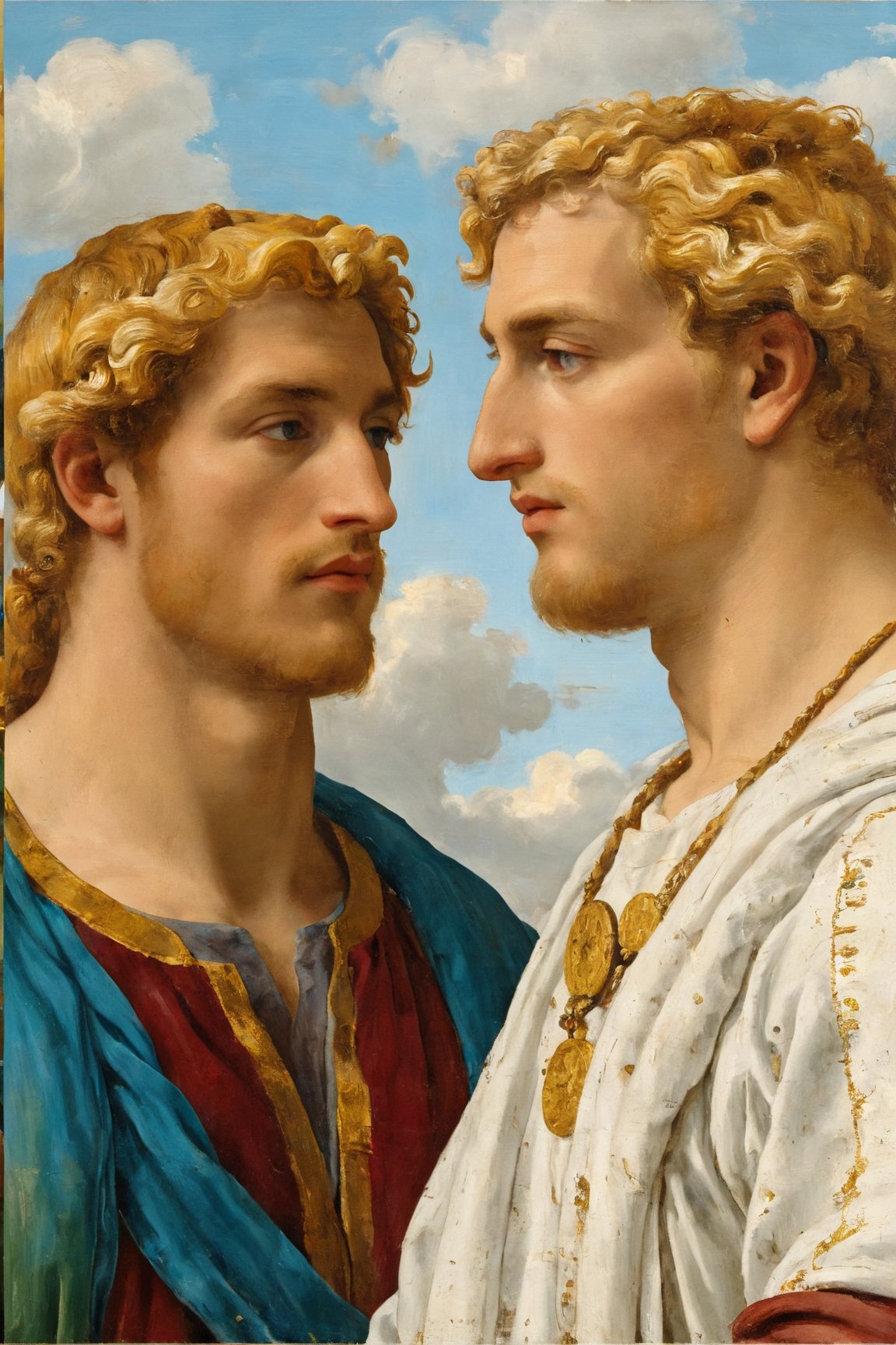 in style of Sandro Botticelli, oil on canvas, painting, heavy brush strokes, impasto, paintbrush, digital illustration. the sideways portrait of a voluminous blonde hair Roman God Janus with two faces in the same head looking at opposite directions, one face is a young and handsome lad looking right and the other face is a bearded 90 years old man looking left, both with serene and kind expression, Greek robe, renaissance background, clouds and gold decorations. museum collection. ,dripping paint