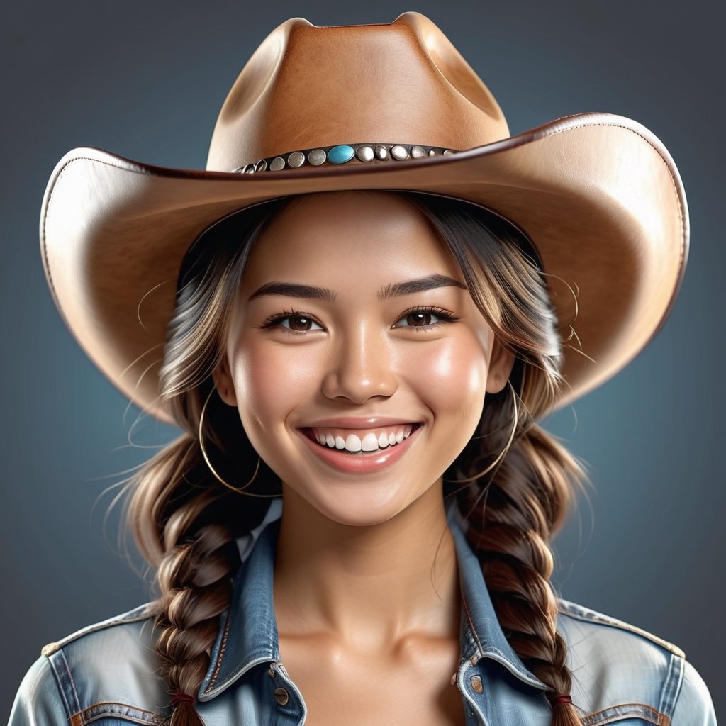 face portrait of a hapa girl with light skin with big smile wearing leather cowboy redneck hat,photorealistic